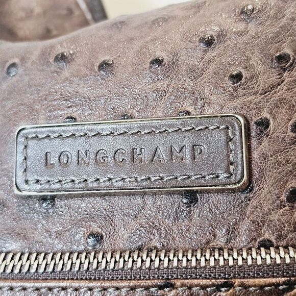 Longchamp Legende Hobo Brown Ostrich Embossed Bag Top Handle Carry Handbag - Picture 4 of 16